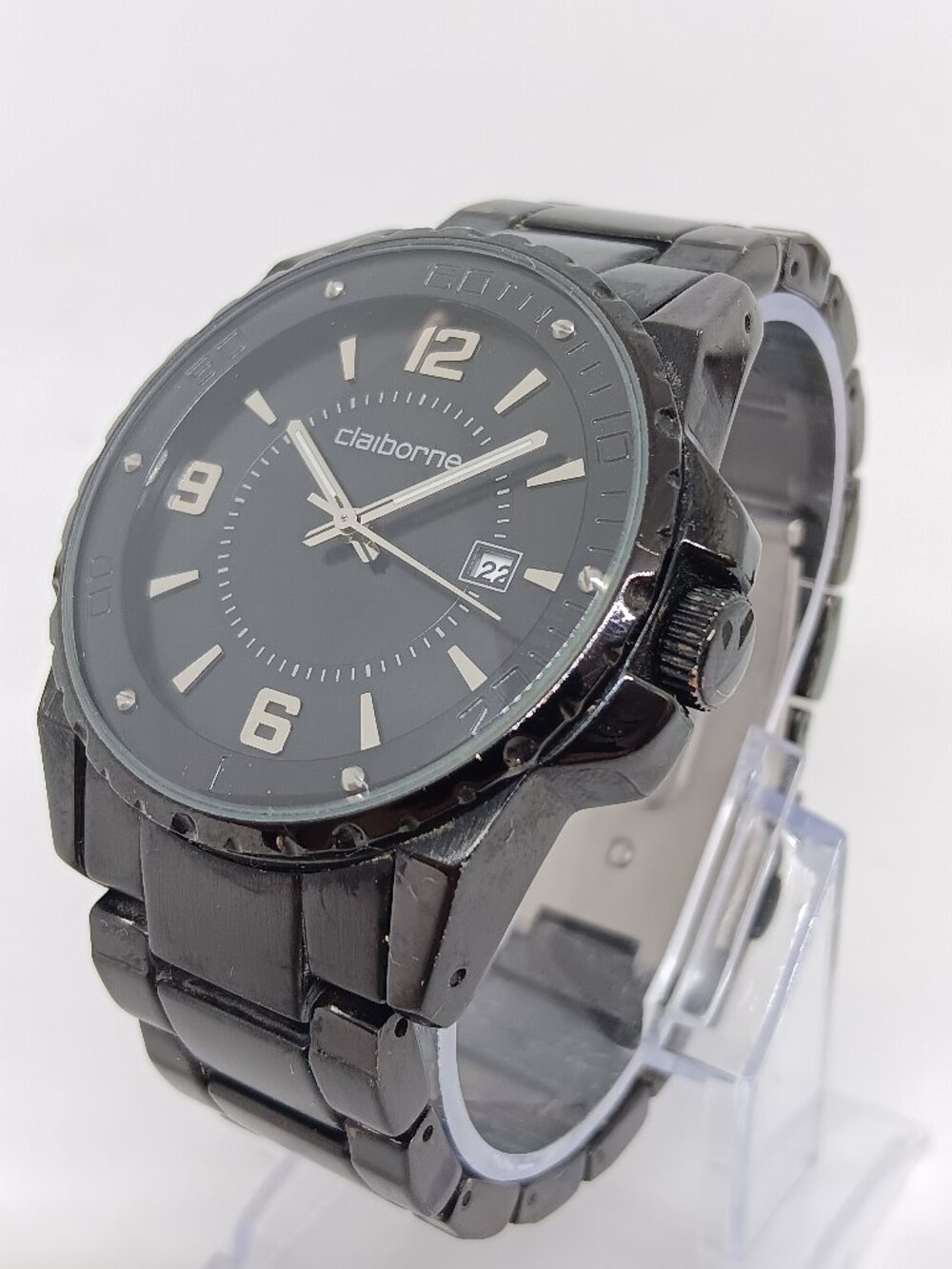 Claiborne CLM1015 Men's 42mm Black PVD Coated Quartz Date Watch NEW BATTERY